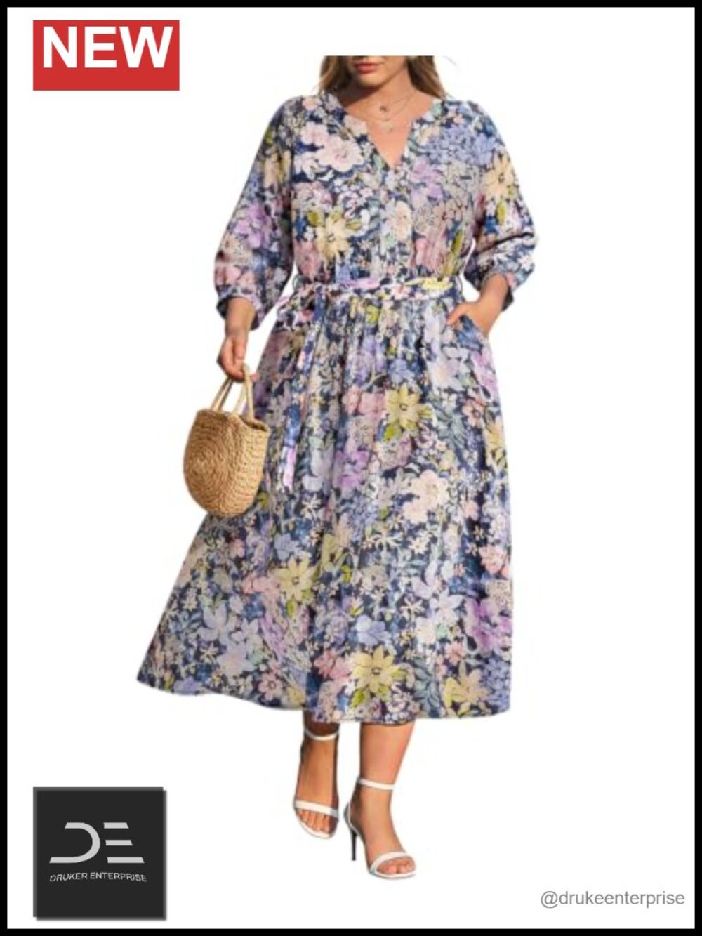 Plus Size Floral Tiered Ruffle Maxi Dress V-Neck 3/4 Sleeve Pockets